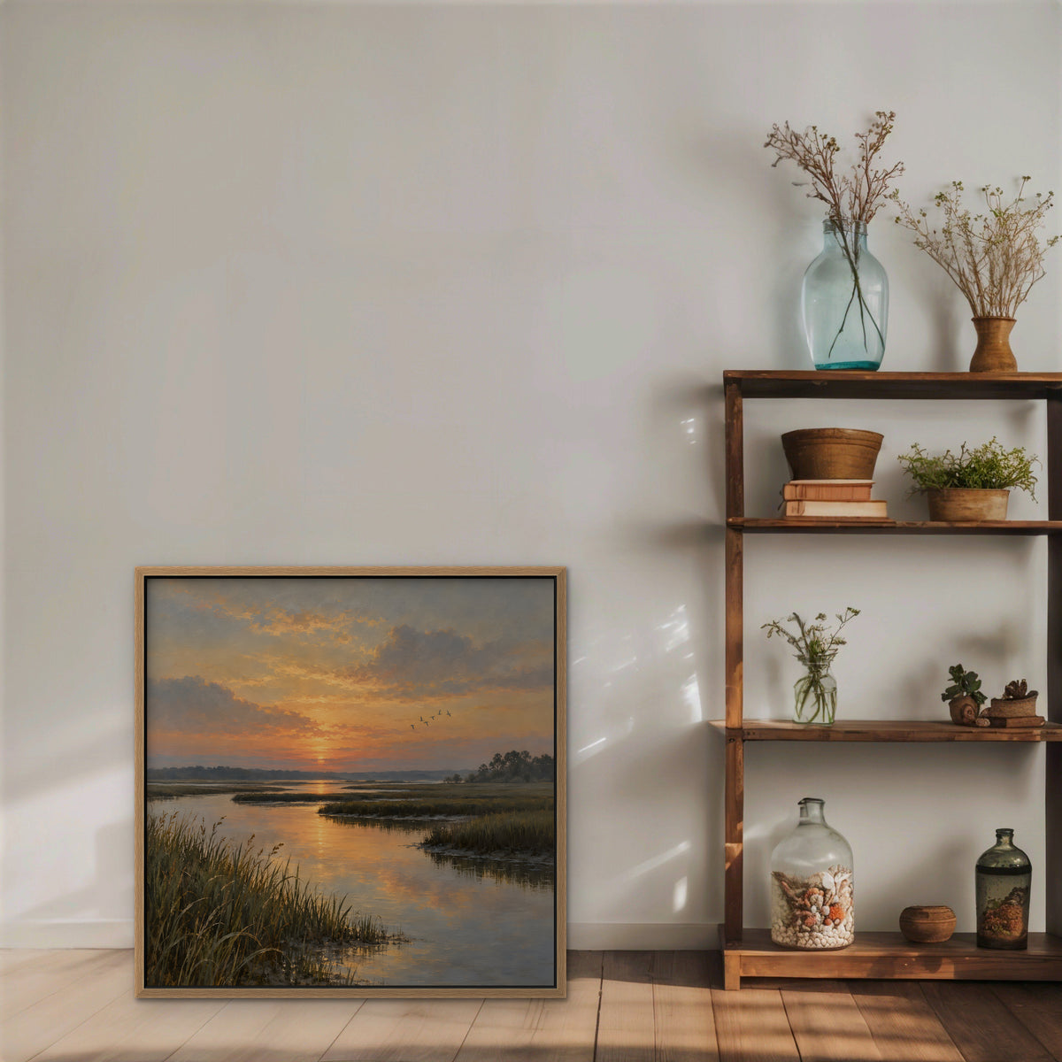 Marsh Sunset Canvas Art - Square – Oak Floating Frame in room setting