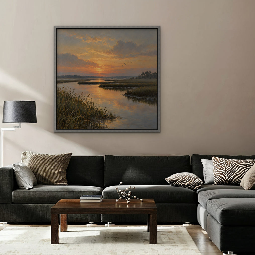 Marsh Sunset Canvas Art - Square – Silver Floating Frame in room setting