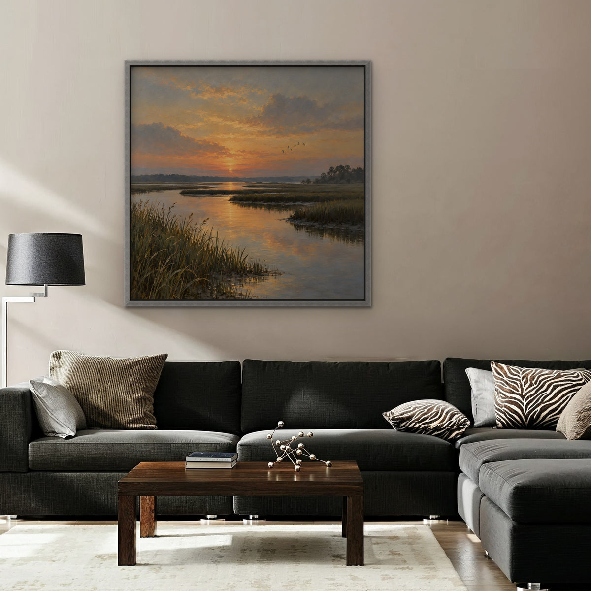Marsh Sunset Canvas Art - Square – Silver Floating Frame in room setting