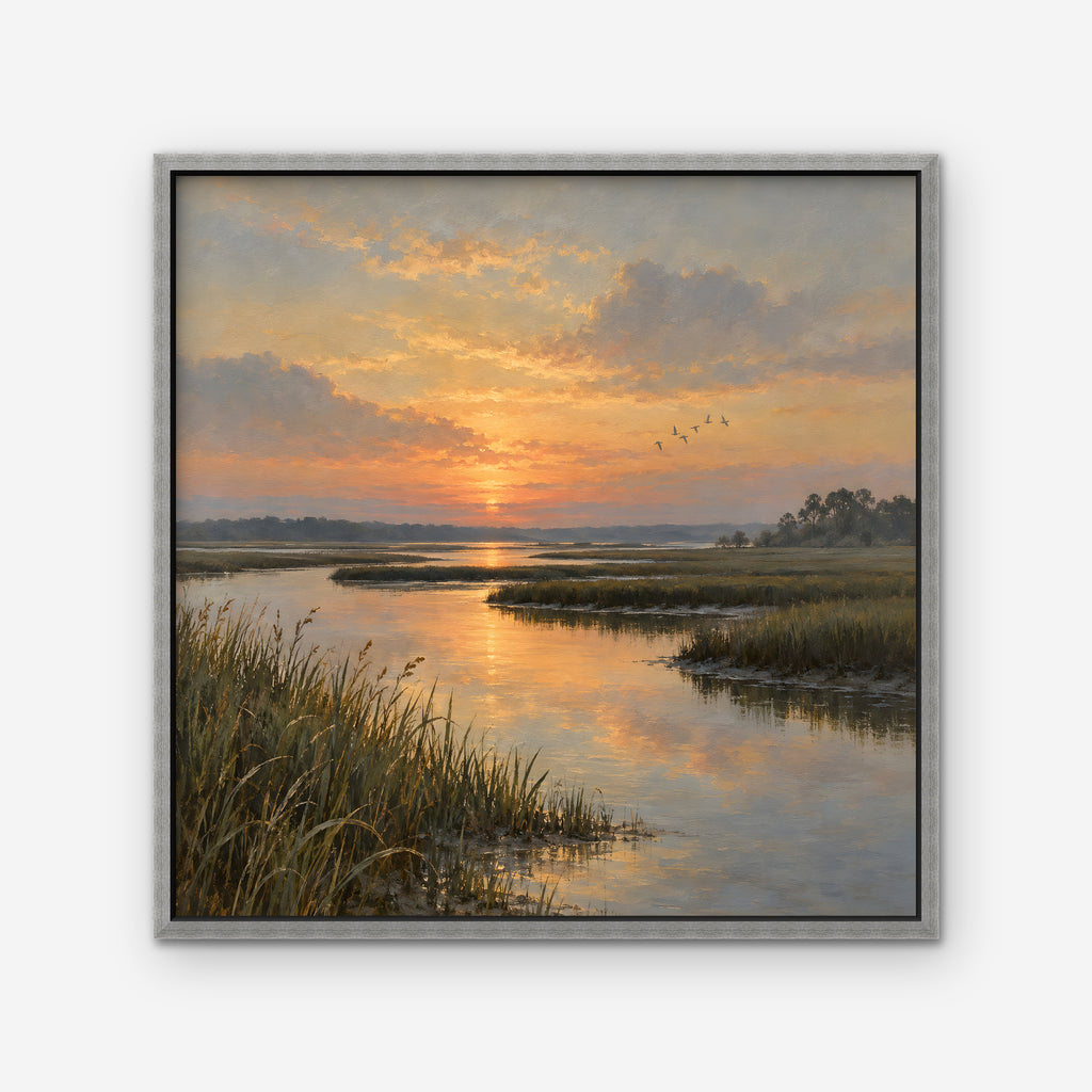 Marsh Sunset Canvas Art - Square – Silver Floating Frame on white background