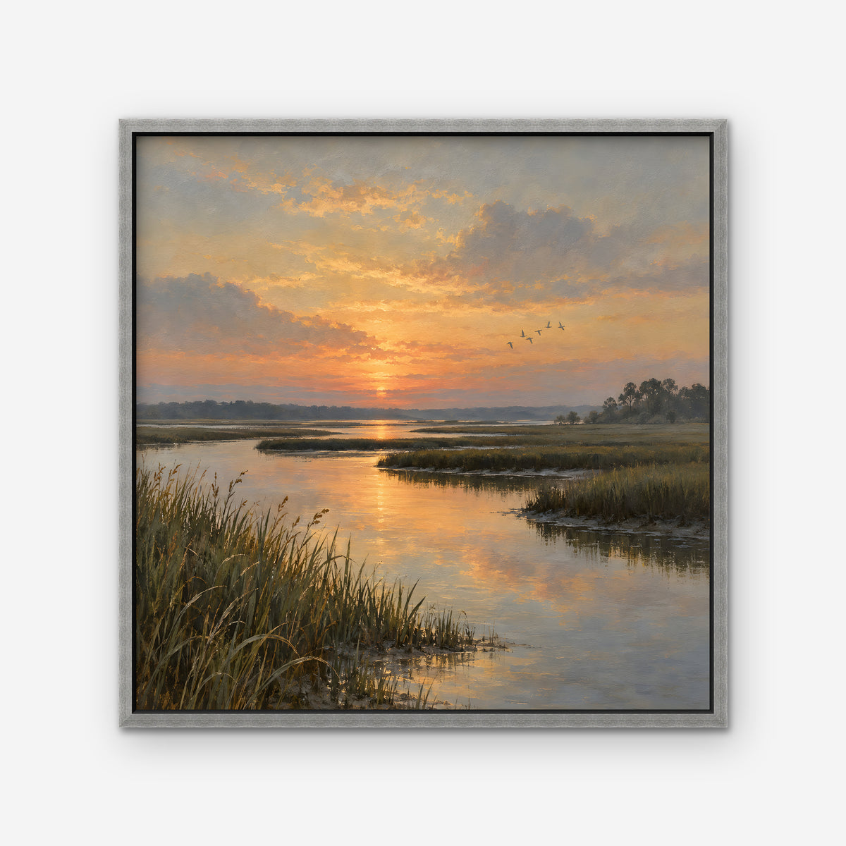 Marsh Sunset Canvas Art - Square – Silver Floating Frame on white background