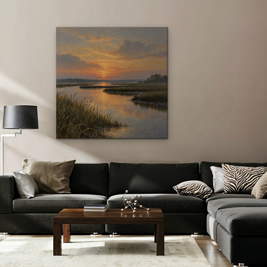 Marsh Sunset Canvas Art - Square – Stretched Canvas Only in room setting