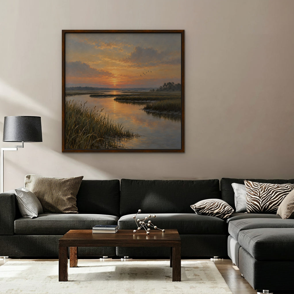 Marsh Sunset Canvas Art - Square – Walnut Floating Frame in room setting