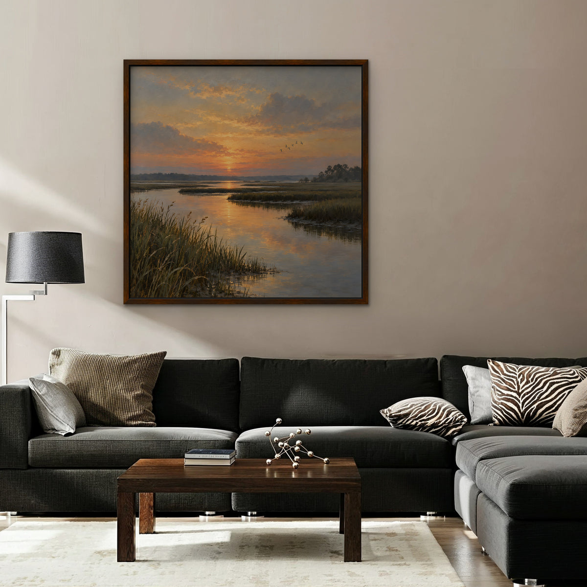 Marsh Sunset Canvas Art - Square – Walnut Floating Frame in room setting