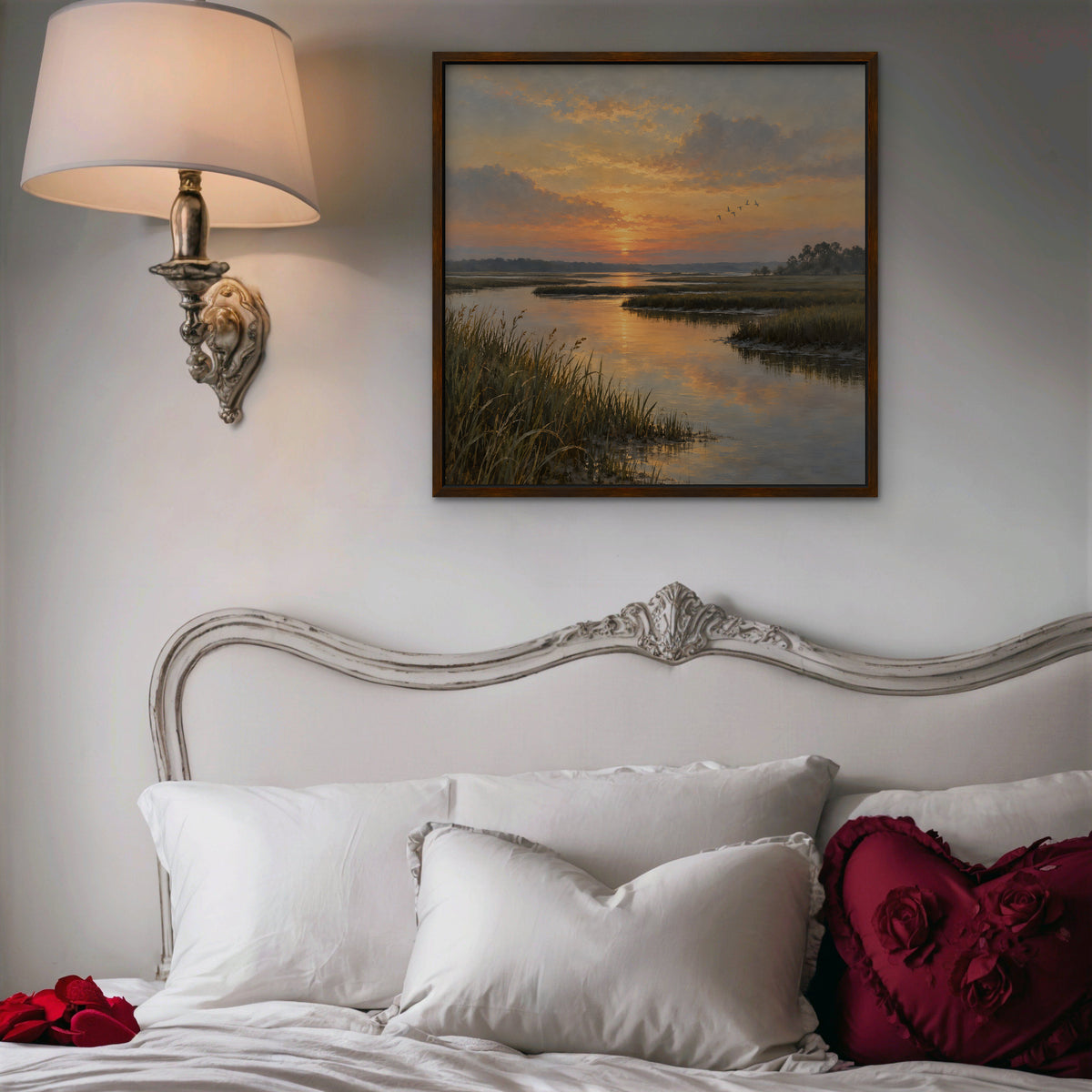 Marsh Sunset Canvas Art - Square – Walnut Floating Frame in room setting