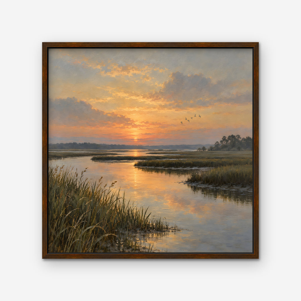 Marsh Sunset Canvas Art - Square – Walnut Floating Frame on white background