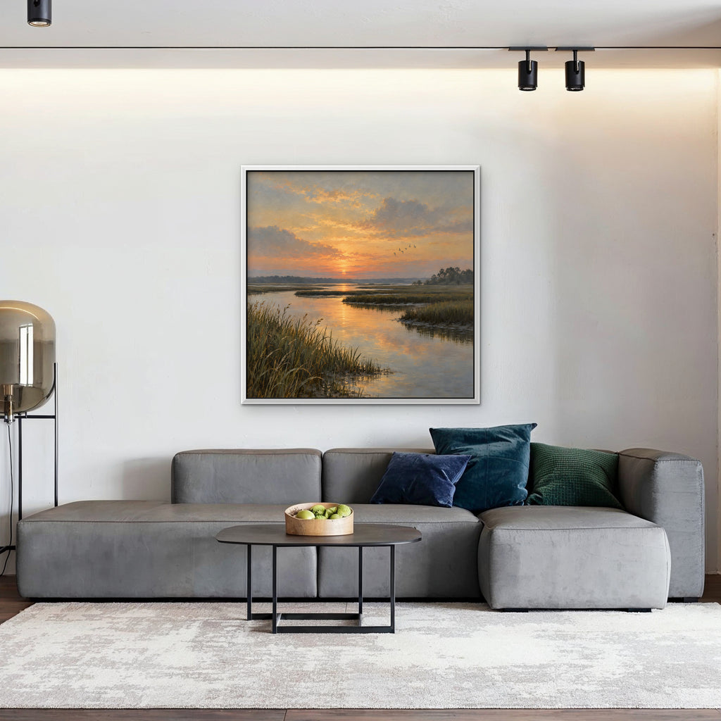 Marsh Sunset Canvas Art - Square – White Floating Frame in room setting