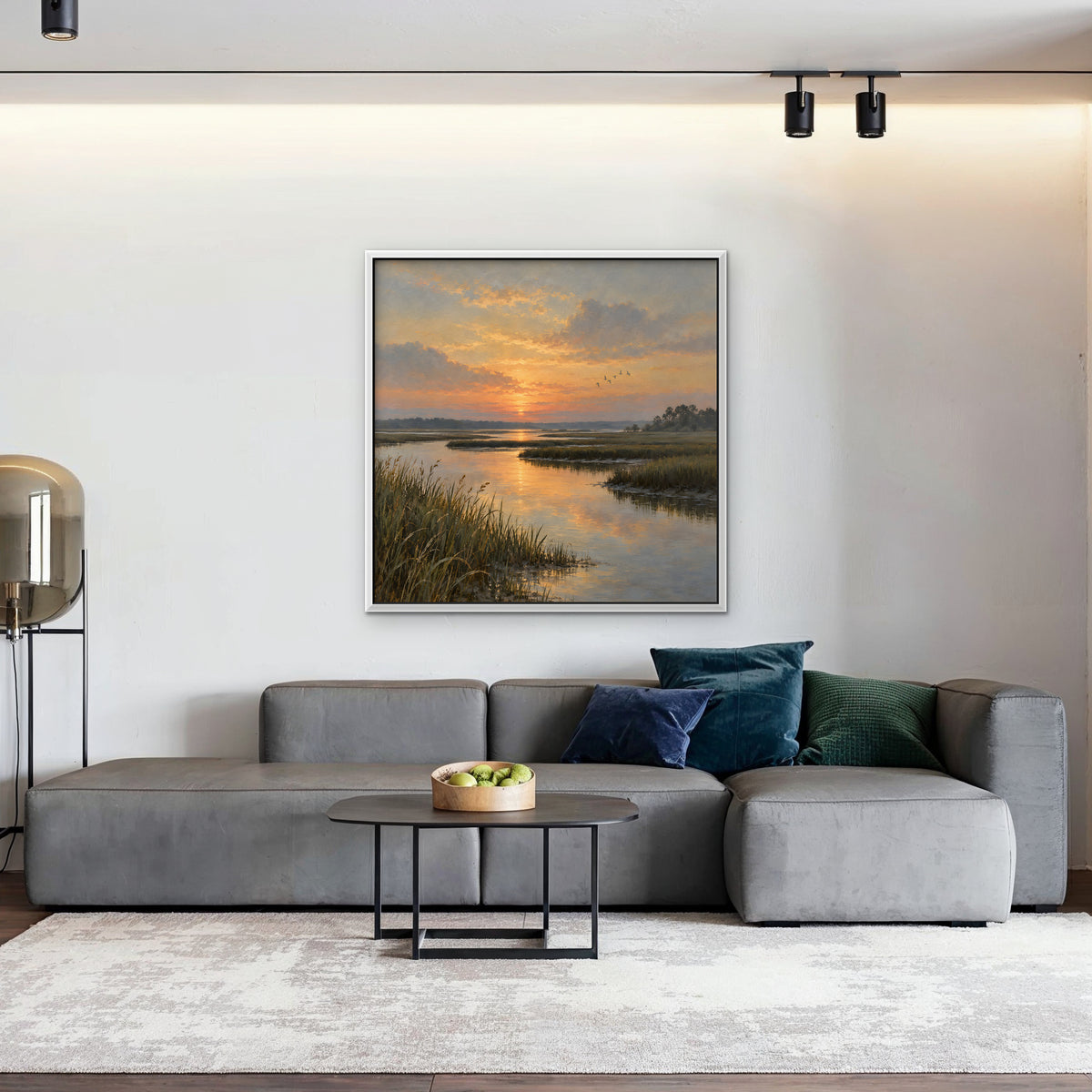 Marsh Sunset Canvas Art - Square – White Floating Frame in room setting