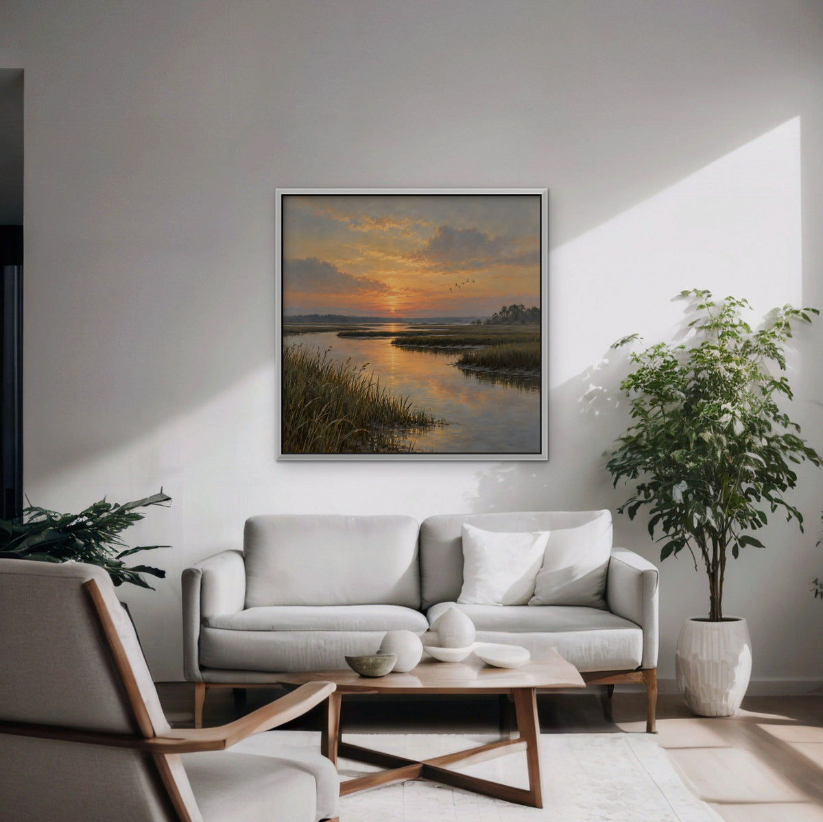 Marsh Sunset Canvas Art - Square – White Floating Frame in room setting