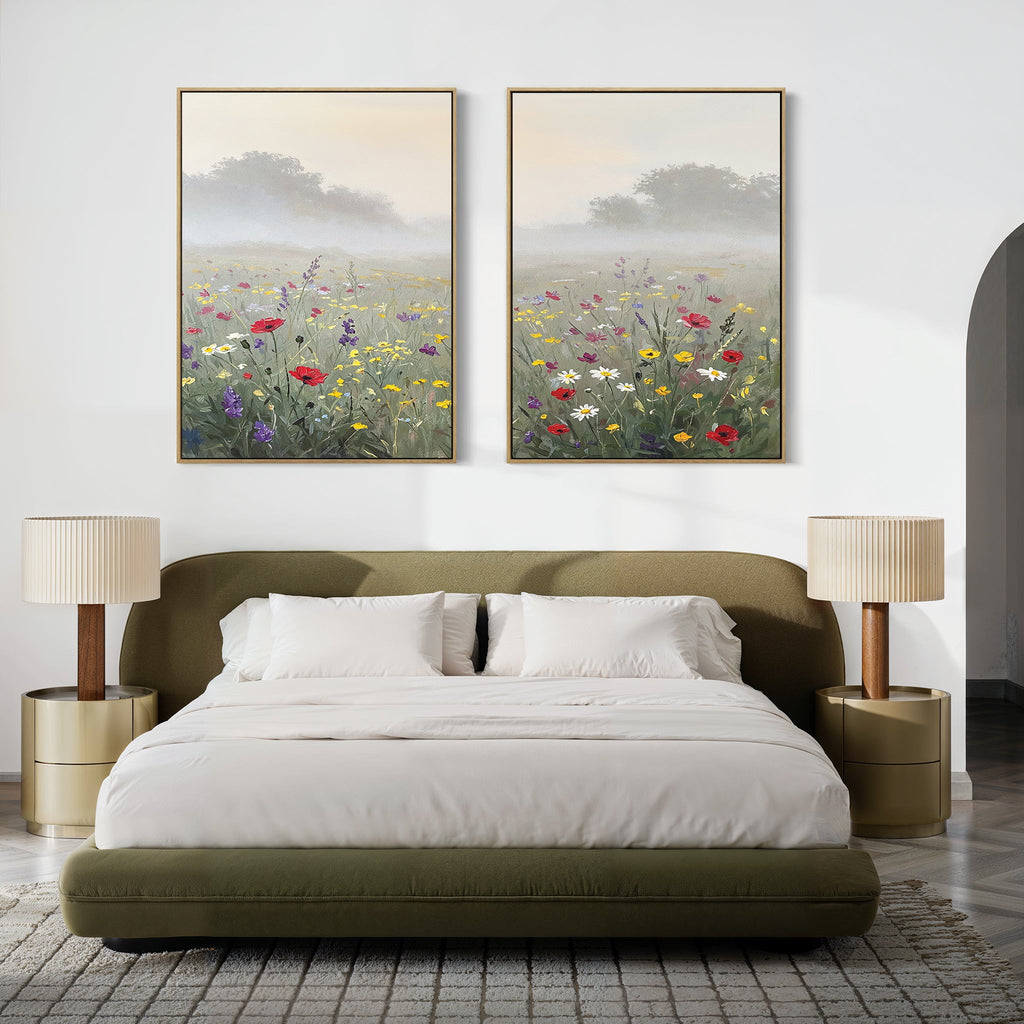 Wildflower Whispers at Dawn – Set of 2 Canvas Prints set of 2 – green botanical canvas wall art by Aspire Prints