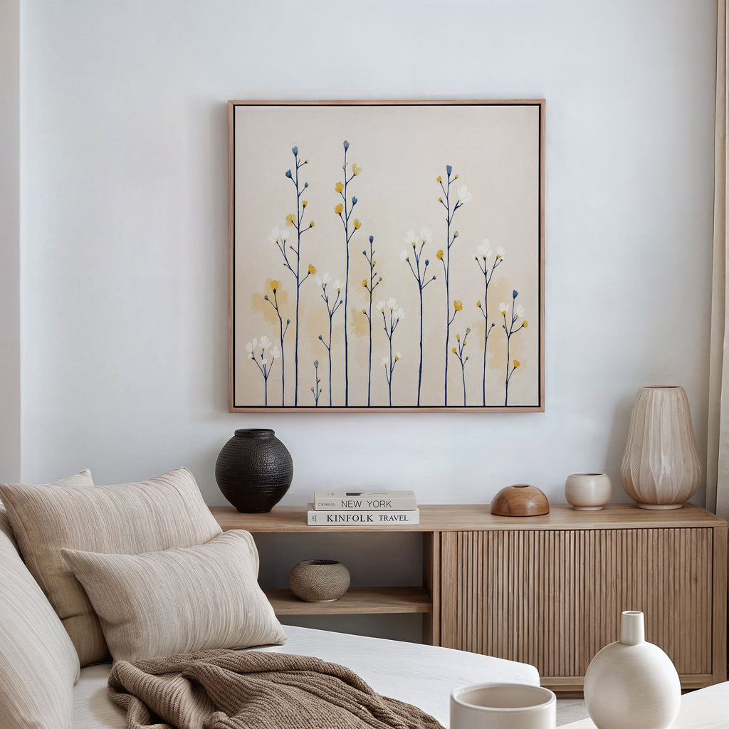 Whispers in the Wildflower Field – beige and white botanical canvas wall art print by Aspire Prints