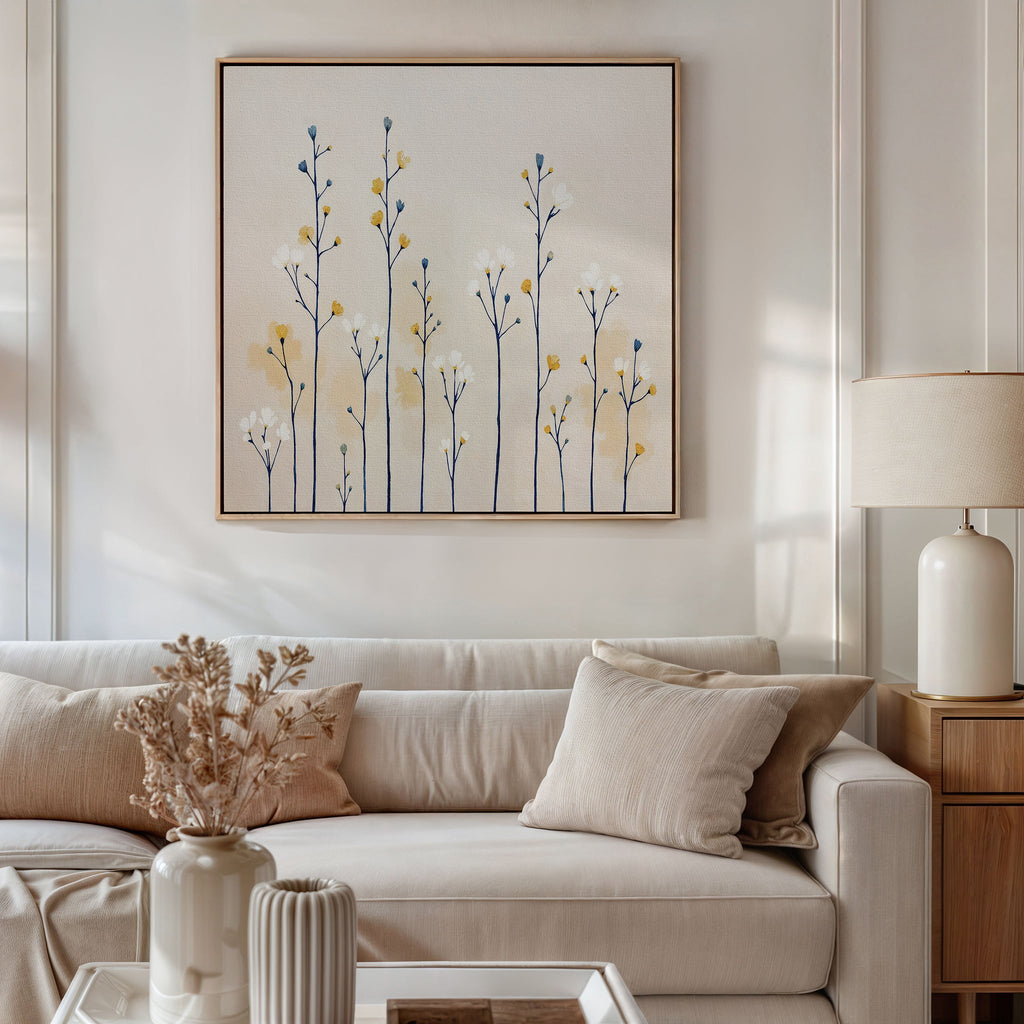 Whispers in the Wildflower Field – beige and white botanical canvas wall art print by Aspire Prints