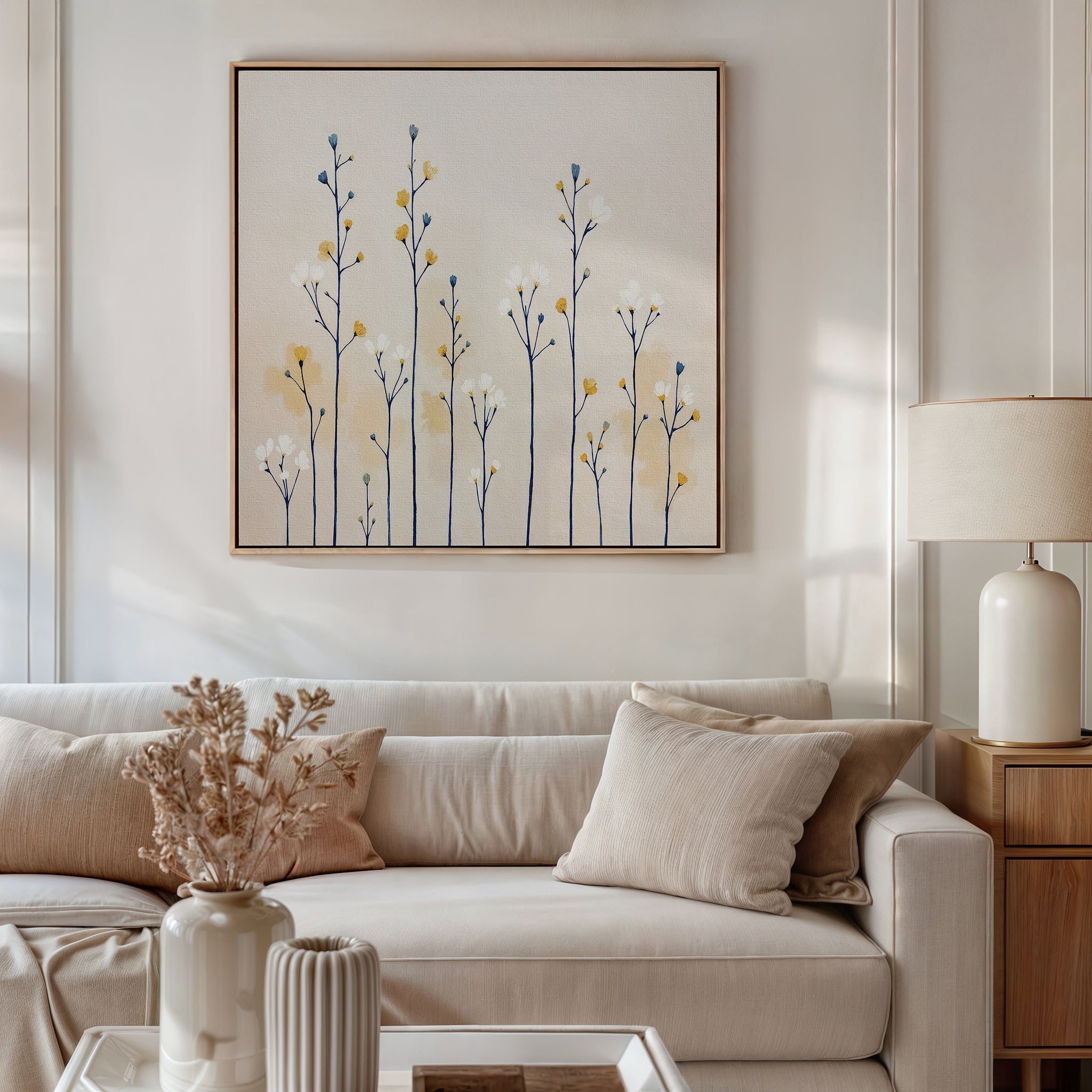 Whispers in the Wildflower Field – beige and white botanical canvas wall art print by Aspire Prints