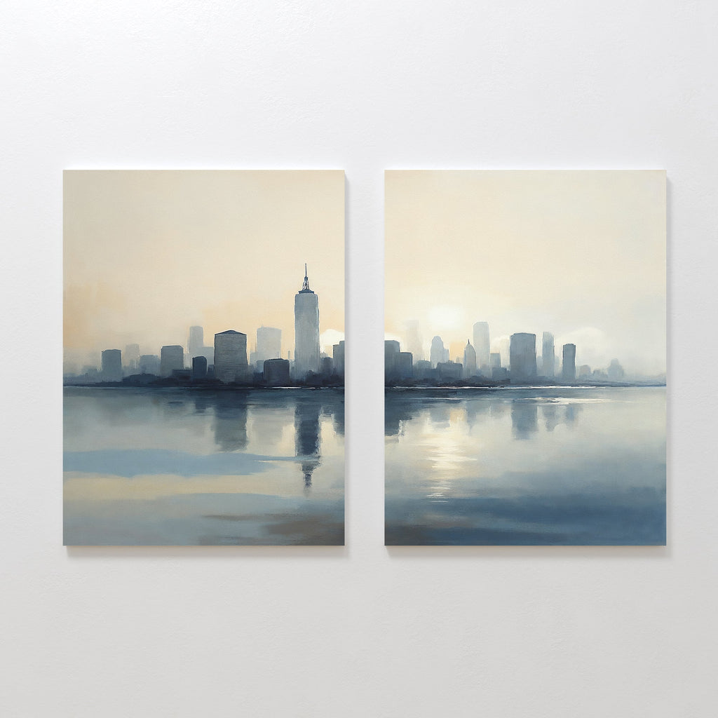 Skyline Whisper at First Light set of 2 – blue landscape canvas wall art by Aspire Prints