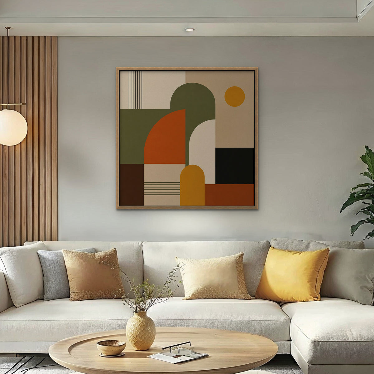 Mid-Century Arches Canvas Art - Square – Oak Floating Frame in room setting