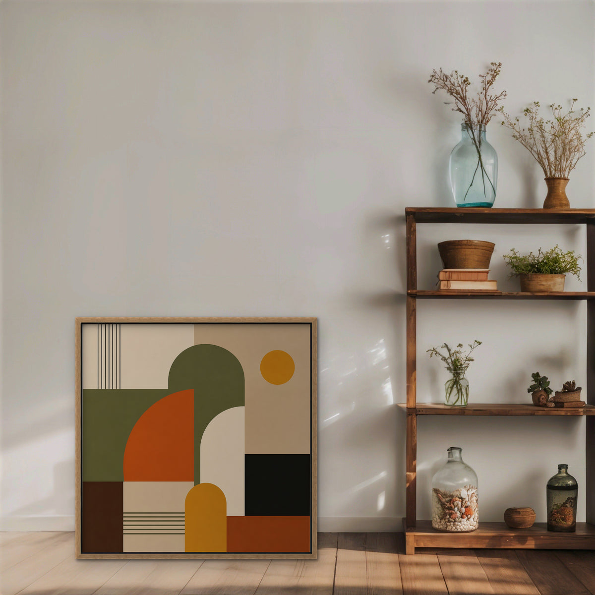 Mid-Century Arches Canvas Art - Square – Oak Floating Frame in room setting