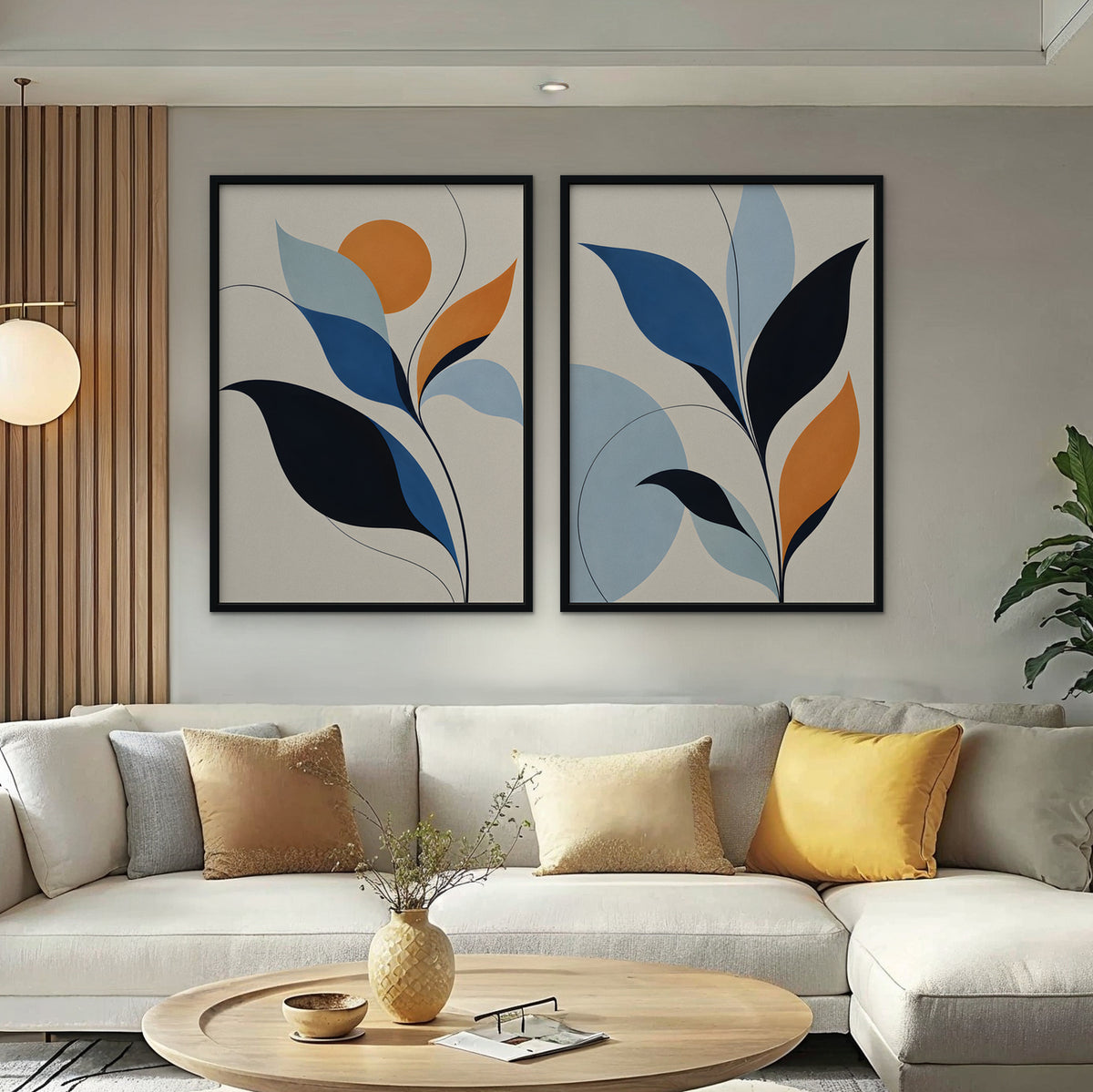 Mid-Century Leaves Canvas Art - Set of 2 – Black Floating Frame in room setting