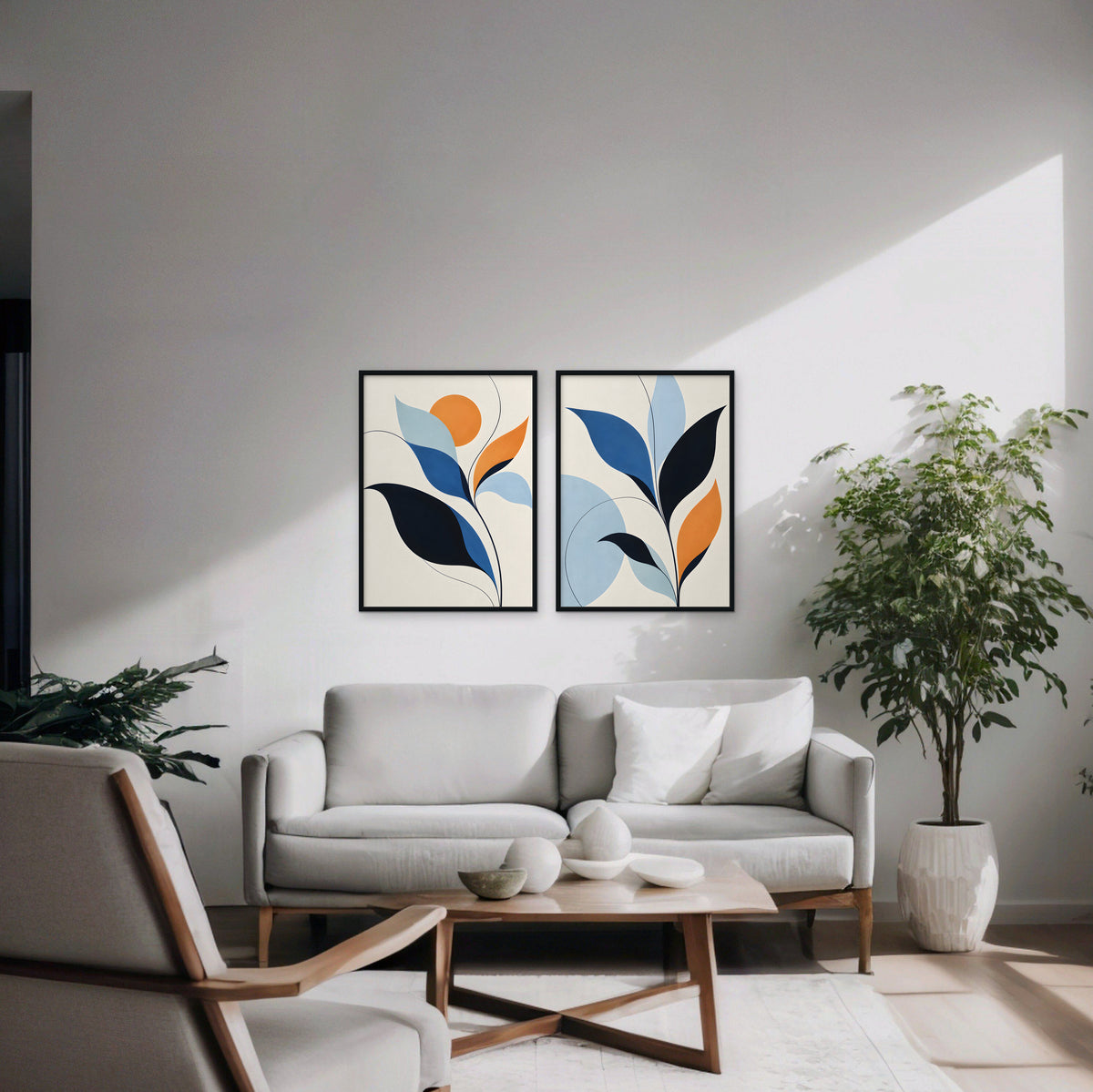 Mid-Century Leaves Canvas Art - Set of 2 – Black Floating Frame in room setting