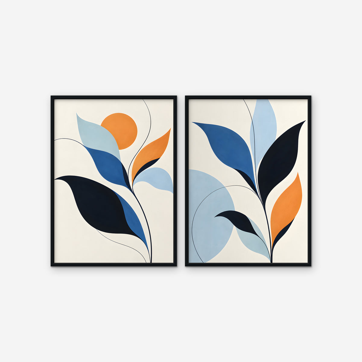 Mid-Century Leaves Canvas Art - Set of 2 – Black Floating Frame on white background