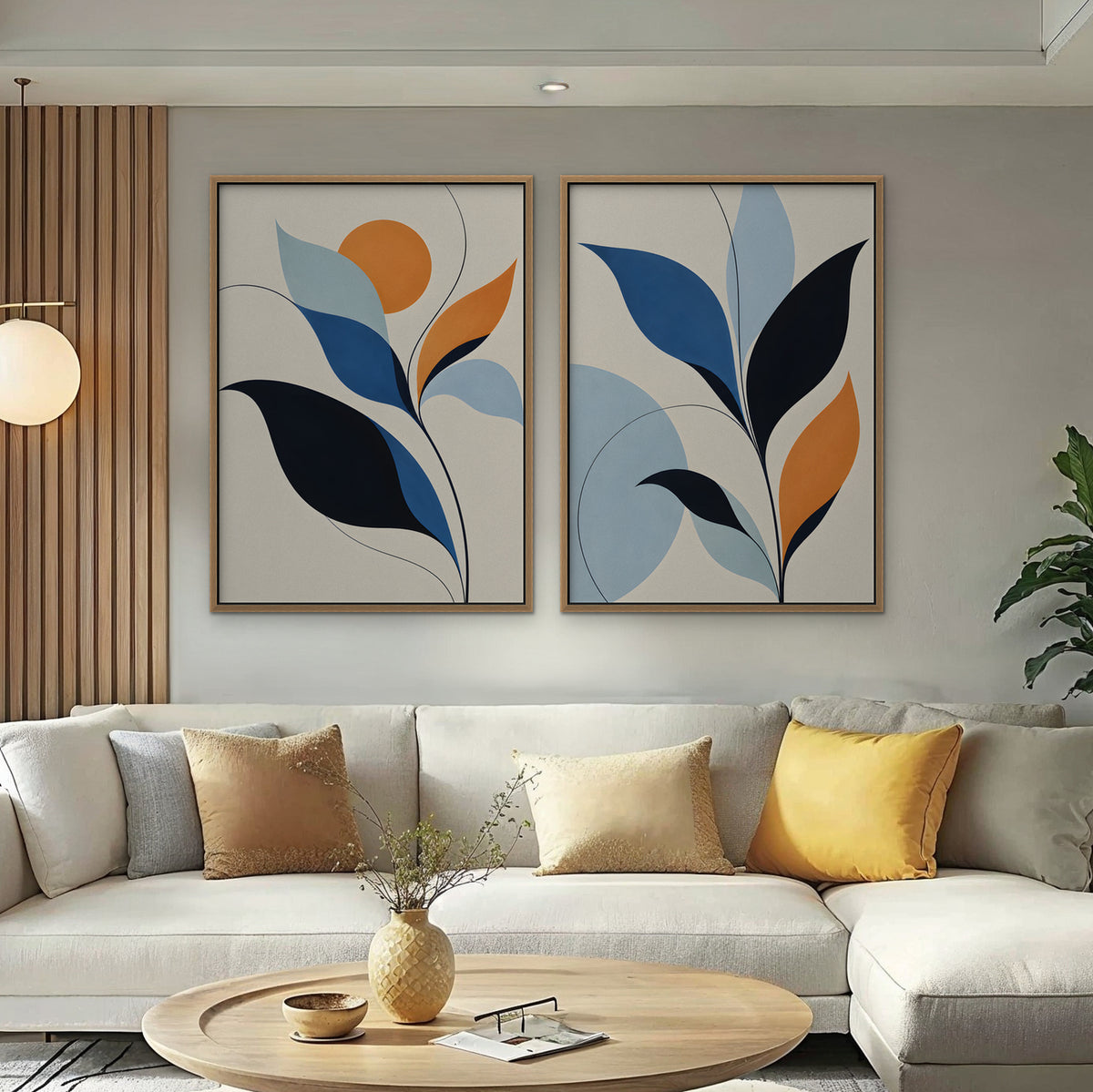 Mid-Century Leaves Canvas Art - Set of 2 – Oak Floating Frame in room setting