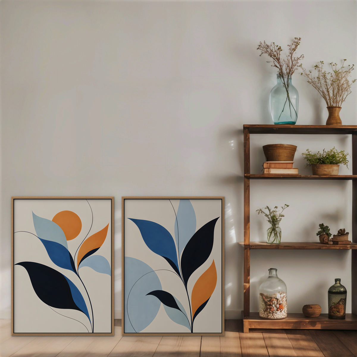 Mid-Century Leaves Canvas Art - Set of 2 – Oak Floating Frame in room setting