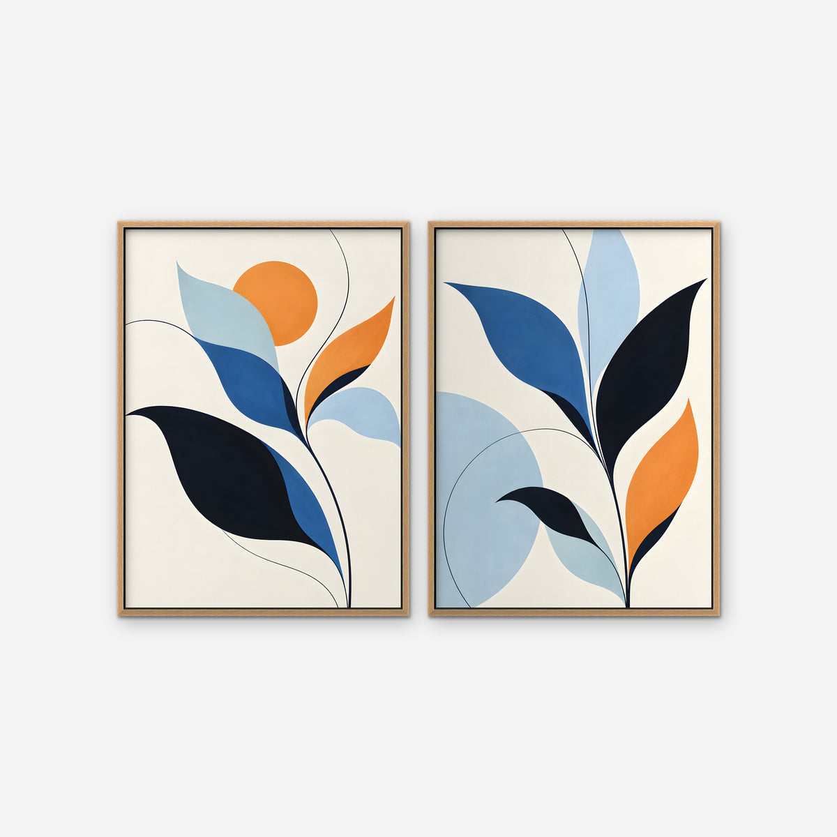 Mid-Century Leaves Canvas Art - Set of 2 – Oak Floating Frame on white background