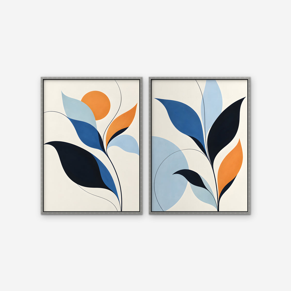 Mid-Century Leaves Canvas Art - Set of 2 – Silver Floating Frame on white background