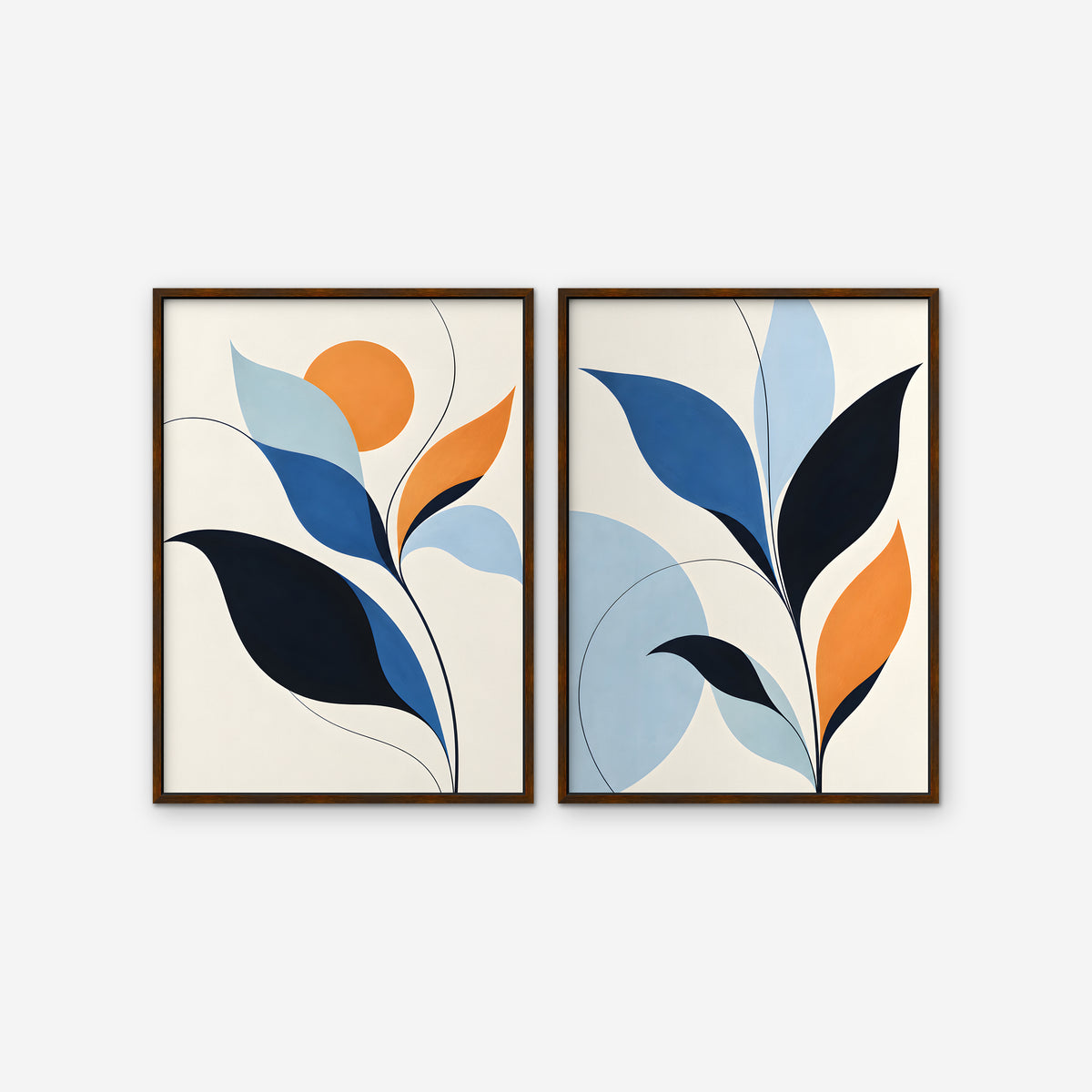 Mid-Century Leaves Canvas Art - Set of 2 – Walnut Floating Frame on white background