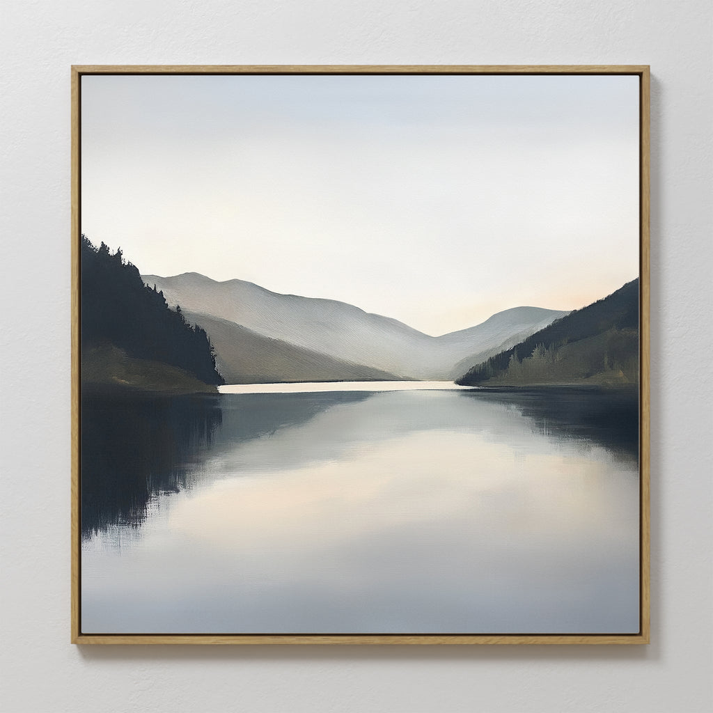 Mirrored Silence of the Highlands – neutral-toned landscape canvas wall art print by Aspire Prints
