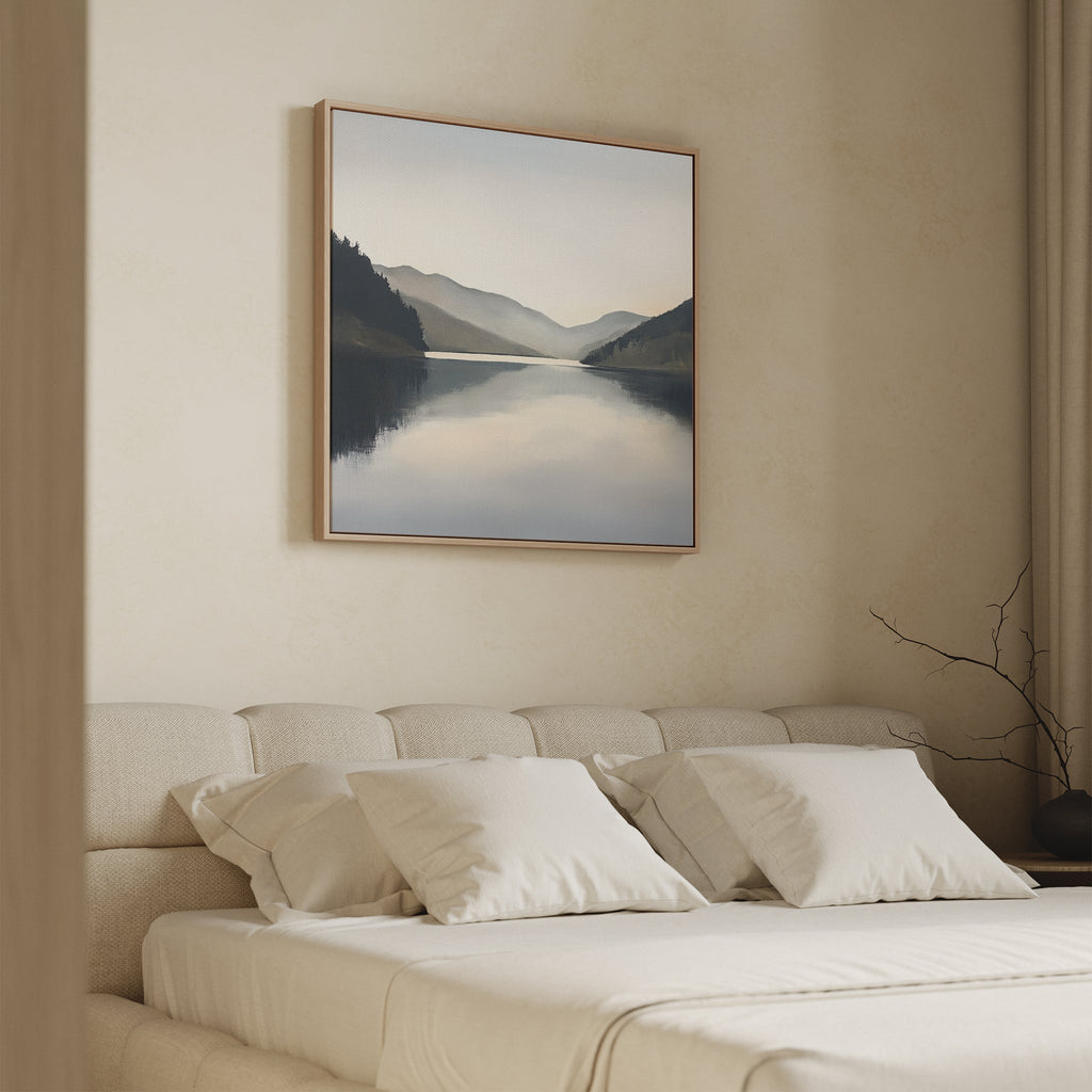 Mirrored Silence of the Highlands – neutral-toned landscape canvas wall art print by Aspire Prints