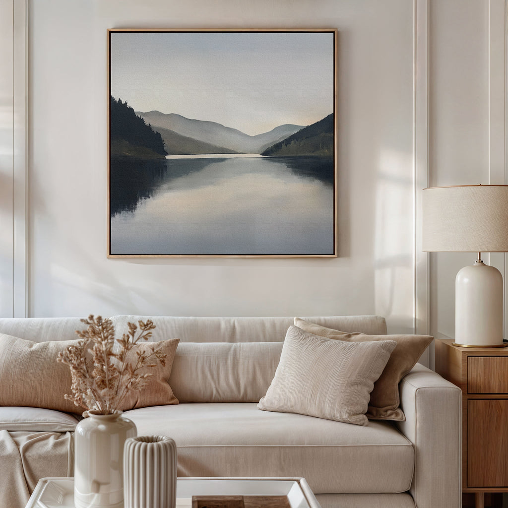 Mirrored Silence of the Highlands – neutral-toned landscape canvas wall art print by Aspire Prints