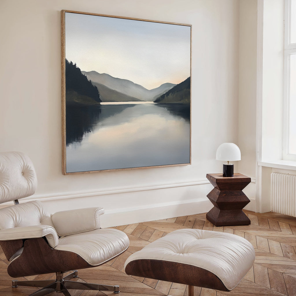 Mirrored Silence of the Highlands – neutral-toned landscape canvas wall art print by Aspire Prints