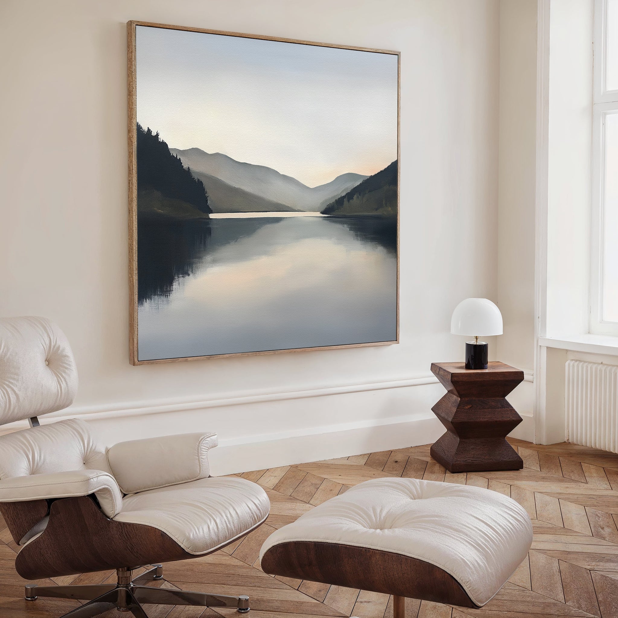 Mirrored Silence of the Highlands – neutral-toned landscape canvas wall art print by Aspire Prints