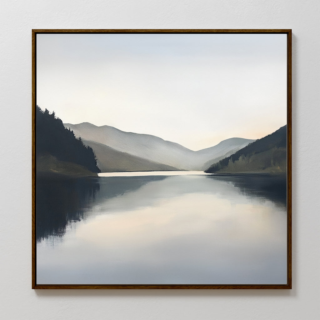 Mirrored Silence of the Highlands – neutral-toned landscape canvas wall art print by Aspire Prints