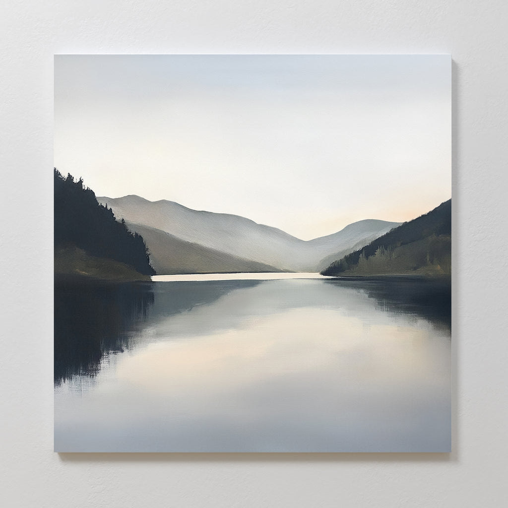 Mirrored Silence of the Highlands – neutral-toned landscape canvas wall art print by Aspire Prints