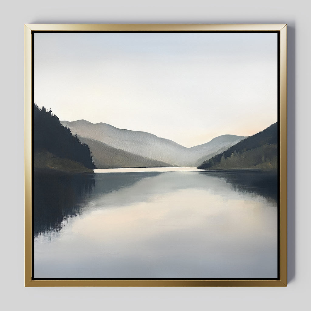 Mirrored Silence of the Highlands – neutral-toned landscape canvas wall art print by Aspire Prints