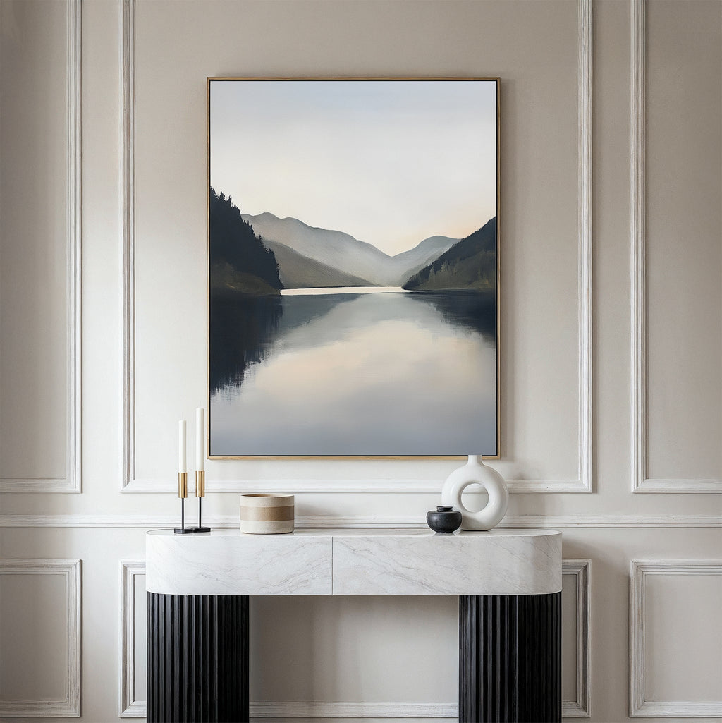 Whispering Reflections – neutral-toned landscape canvas wall art print by Aspire Prints