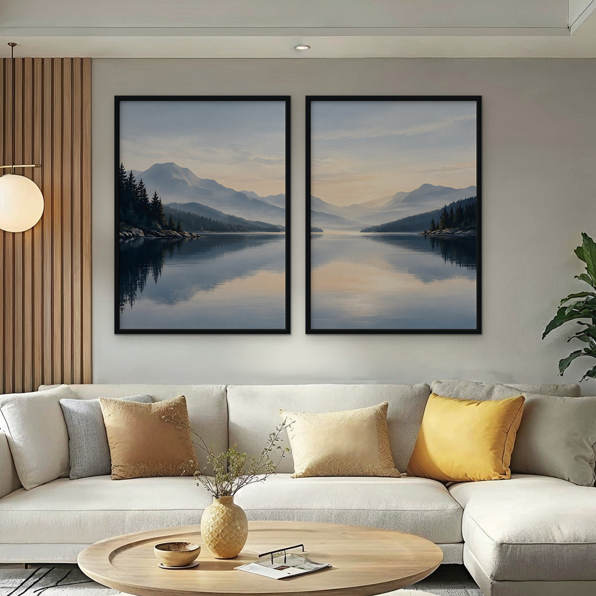 Misty Lake Dawn Canvas Art - Set of 2 – Black Floating Frame in room setting
