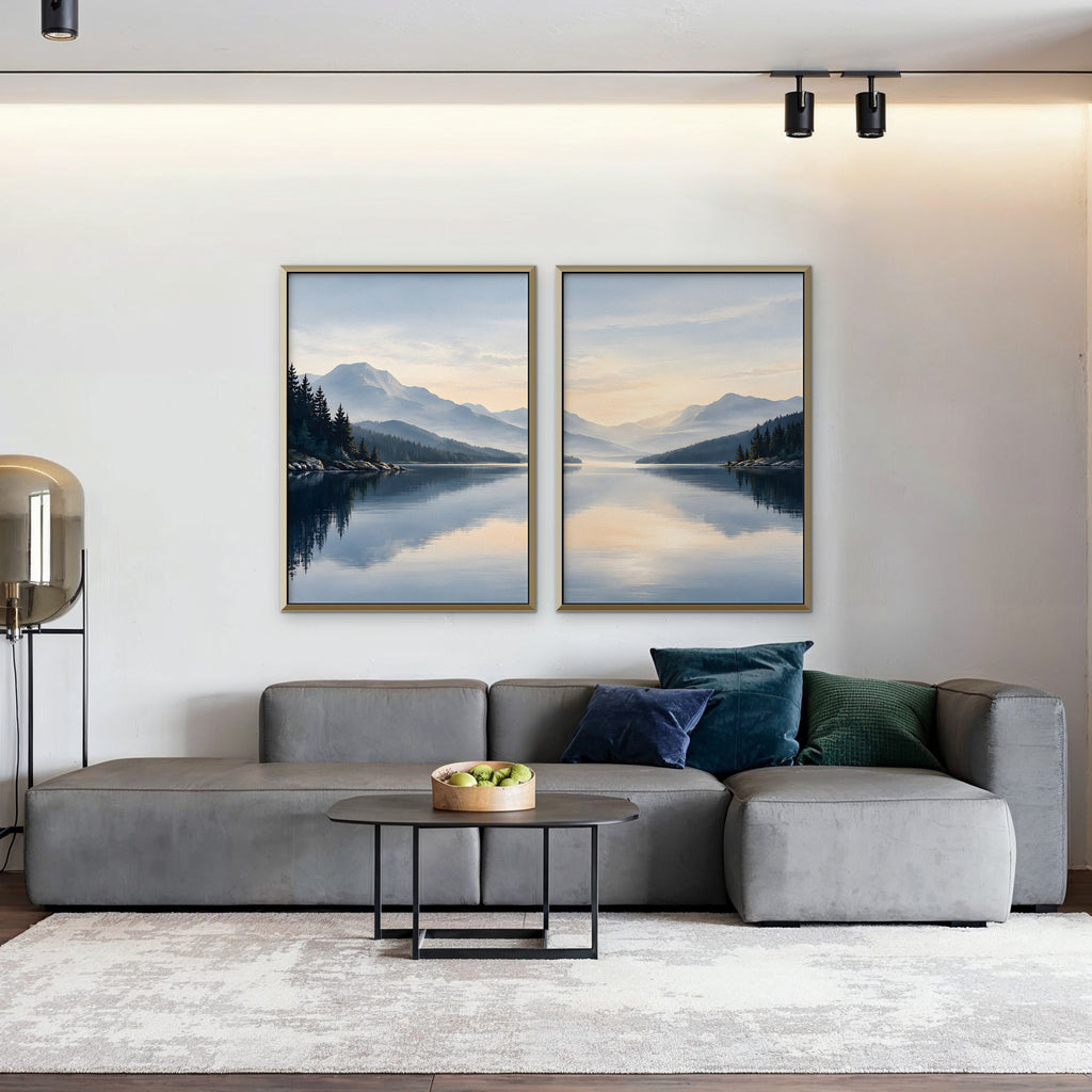 Misty Lake Dawn Canvas Art - Set of 2 – Gold Floating Frame in room setting
