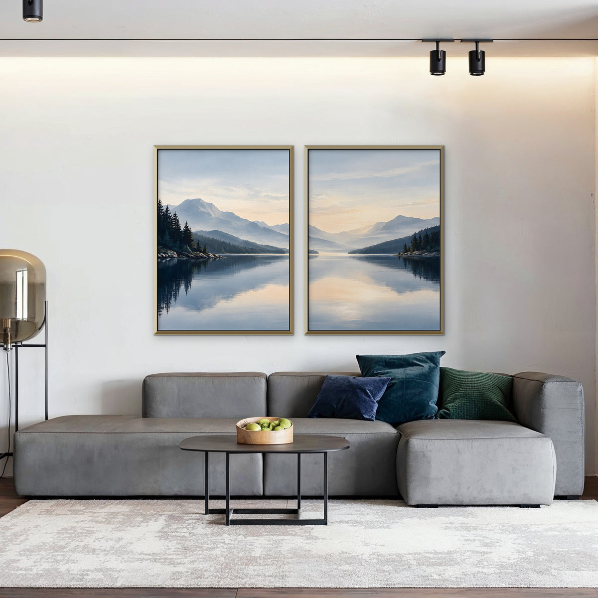 Misty Lake Dawn Canvas Art - Set of 2 – Gold Floating Frame in room setting