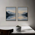 Misty Lake Dawn Canvas Art - Set of 2 – Gold Floating Frame in room setting