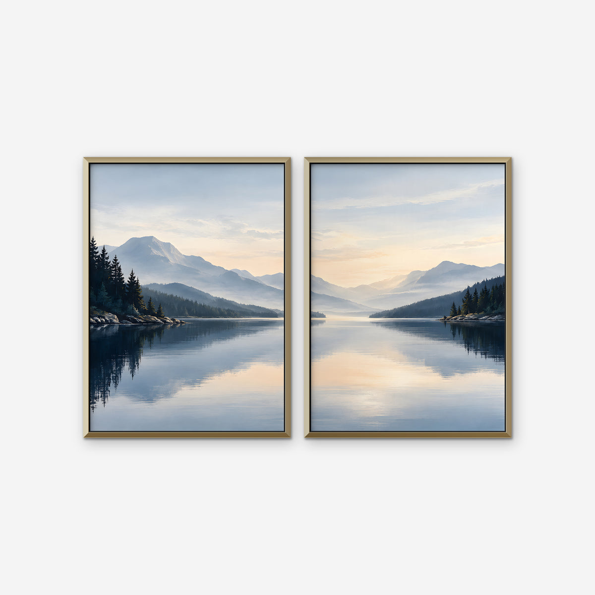 Misty Lake Dawn Canvas Art - Set of 2 – Gold Floating Frame on white background