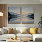 Misty Lake Dawn Canvas Art - Set of 2 – Oak Floating Frame in room setting