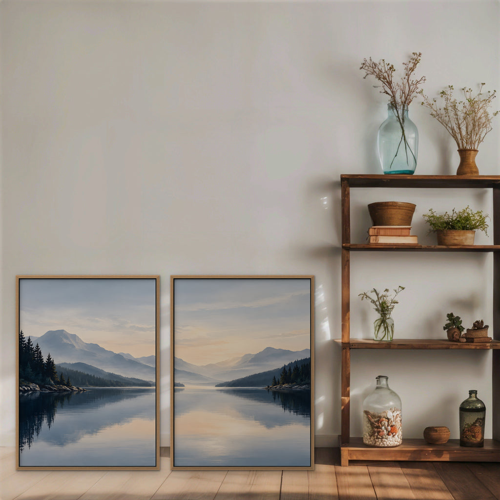 Misty Lake Dawn Canvas Art - Set of 2 – Oak Floating Frame in room setting