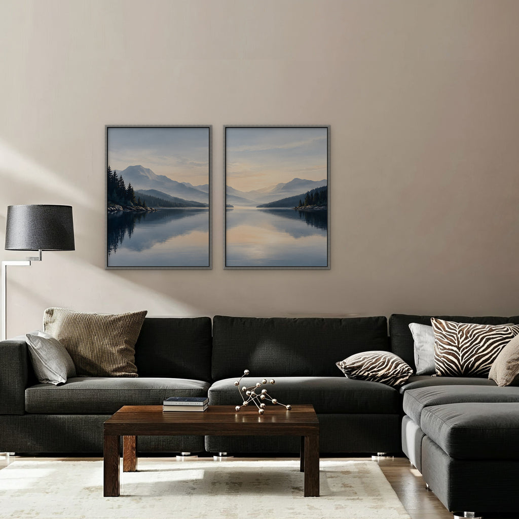 Misty Lake Dawn Canvas Art - Set of 2 – Silver Floating Frame in room setting