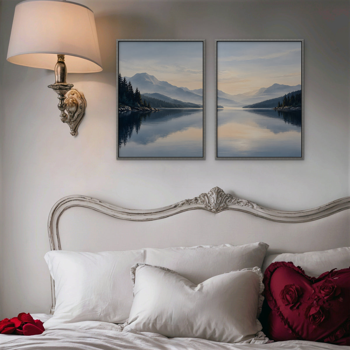 Misty Lake Dawn Canvas Art - Set of 2 – Silver Floating Frame in room setting