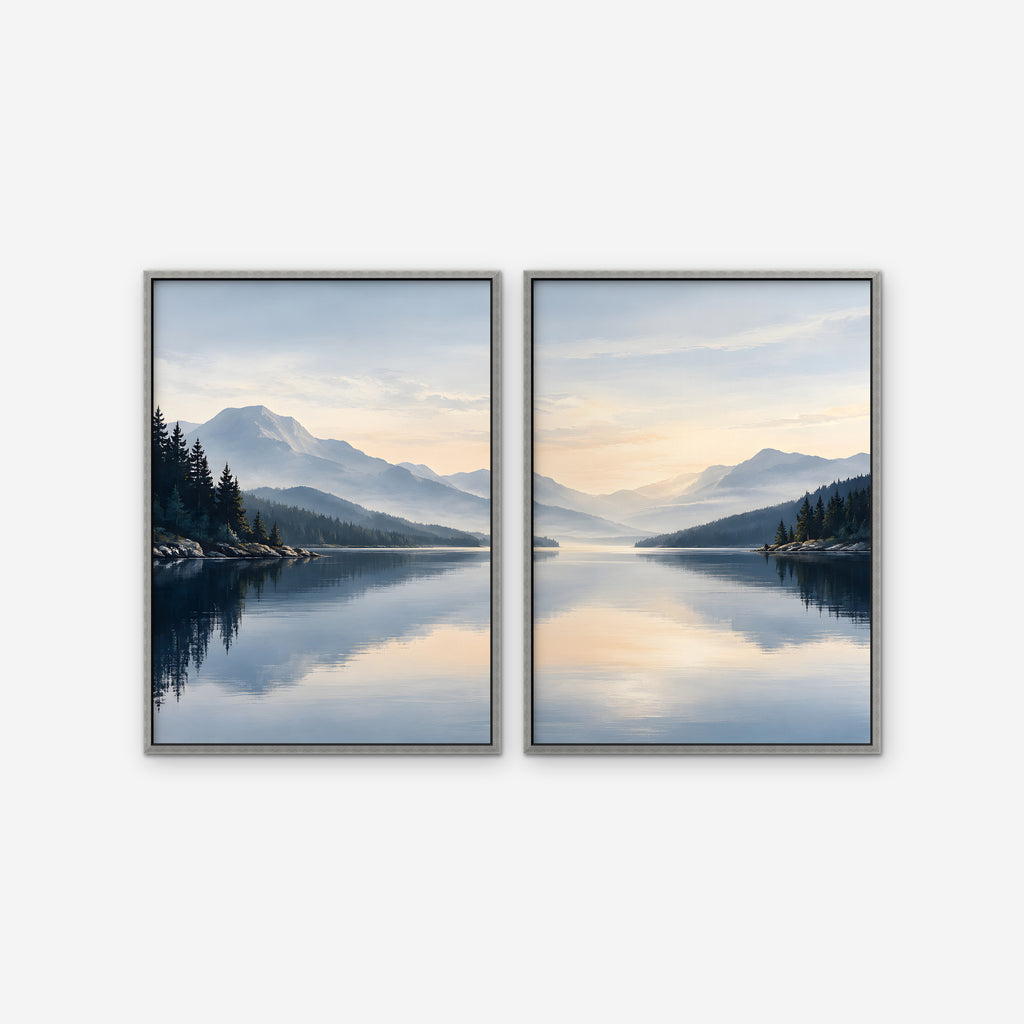 Misty Lake Dawn Canvas Art - Set of 2 – Silver Floating Frame on white background