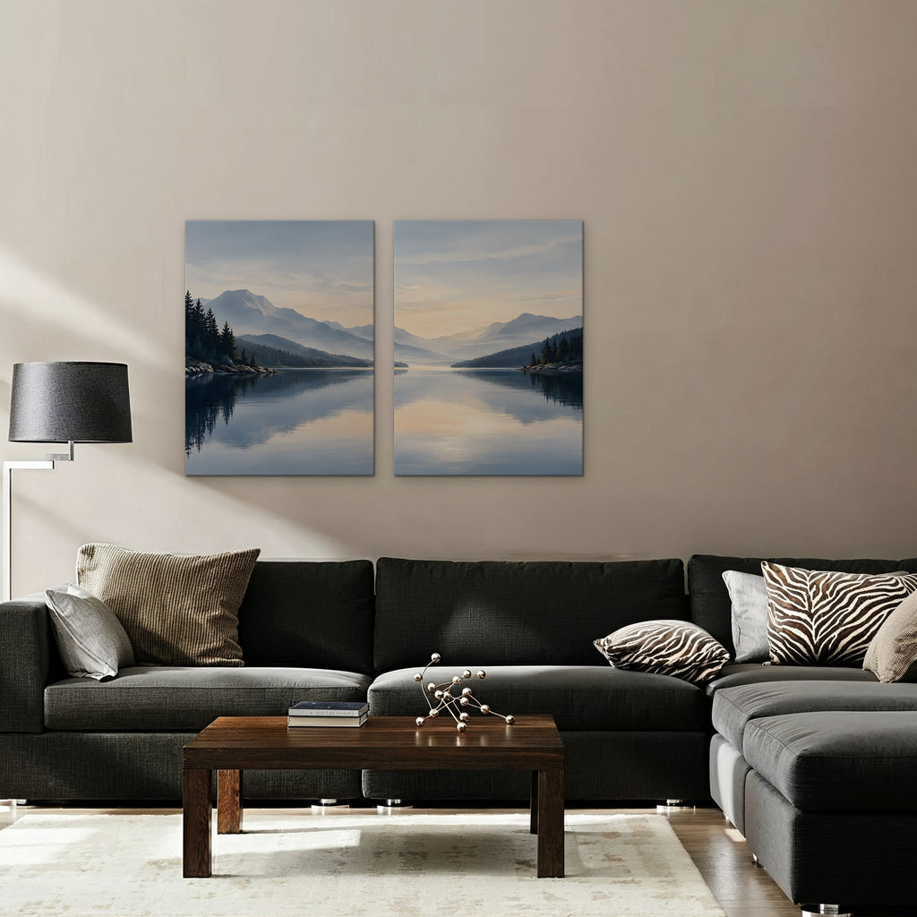 Misty Lake Dawn Canvas Art - Set of 2 – Stretched Canvas Only in room setting