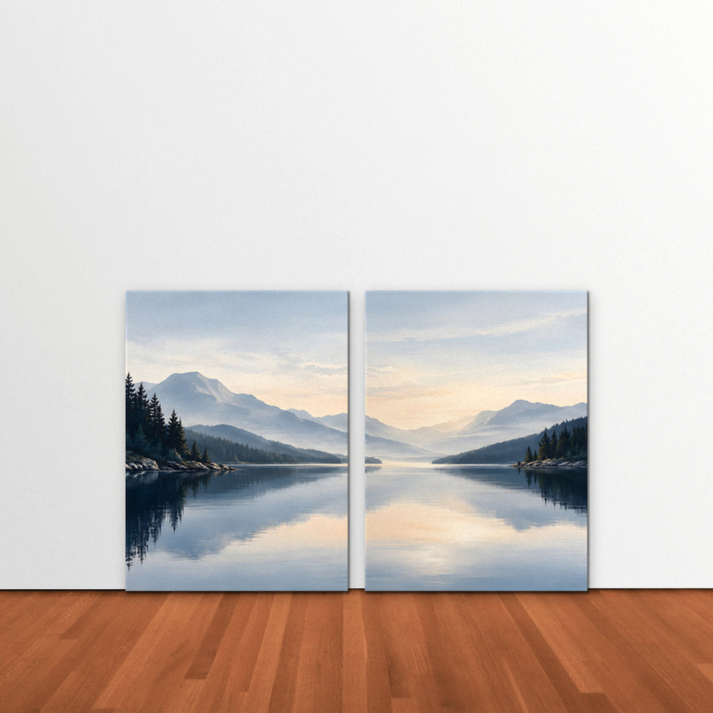 Misty Lake Dawn Canvas Art - Set of 2 – Stretched Canvas Only in room setting