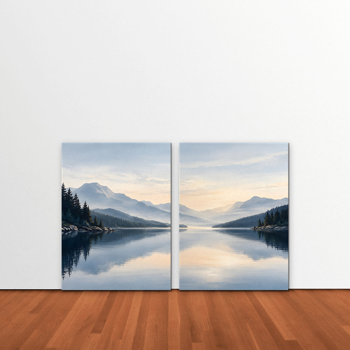 Misty Lake Dawn Canvas Art - Set of 2 – Stretched Canvas Only in room setting